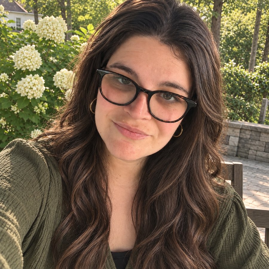 Sara Serkez outdoors in an olive shirt, smiling in afternoon light beside a flowering hydrangea.